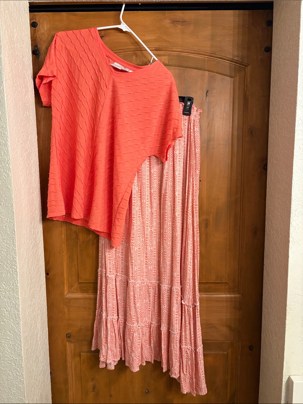 Chico's Coral Pink Patterned Maxi Skirt with Coral Top